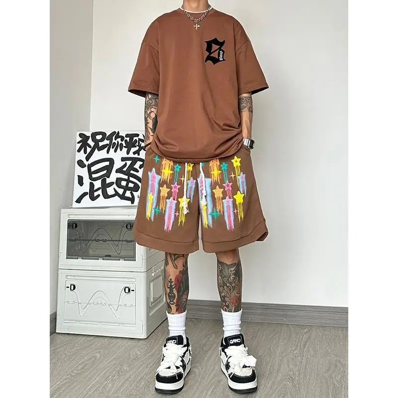 Star Foaming Graffiti Street Casual Printing Summer Men American Style High Street Dopamine Loose Comfortable All-match Shorts
