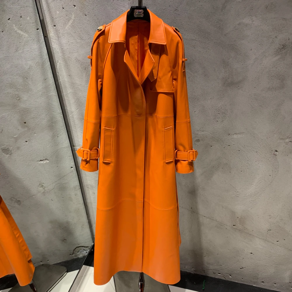 Manteau long en cuir de mouton véritable pour dames, coupe-vent orange, 21018