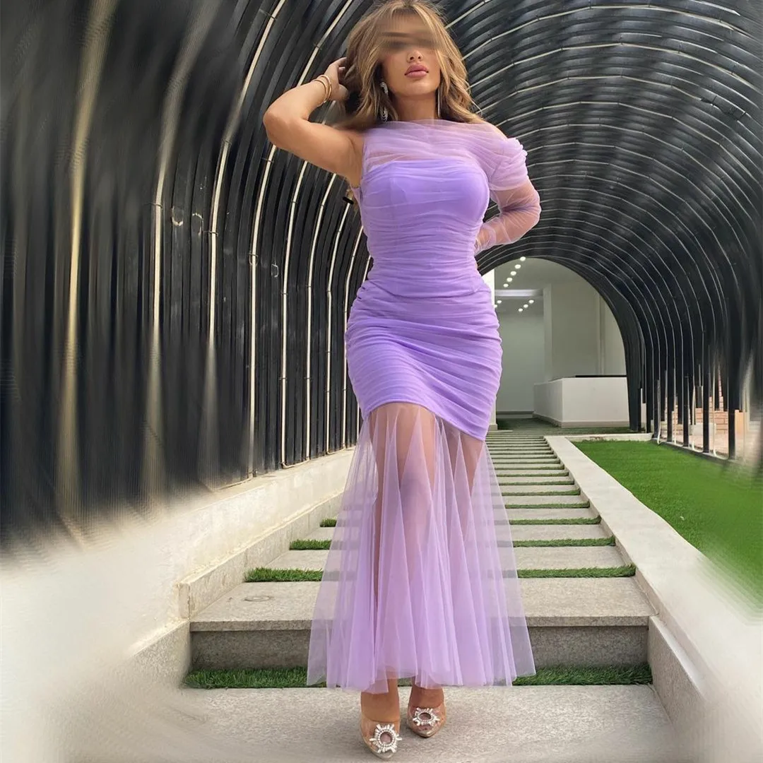 

Long Purple One Shoulder Tulle Evening Dresses فساتين السهرة Mermaid Pleated Ankle Length Prom Dress Robe de soirée for Women