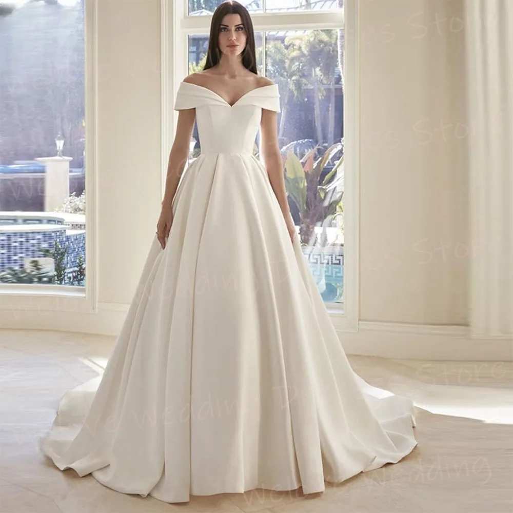 Simple A Line Women's Wedding Dresses Charming Off Shoulder Bride Gowns Boat Neck Ruched Satin
