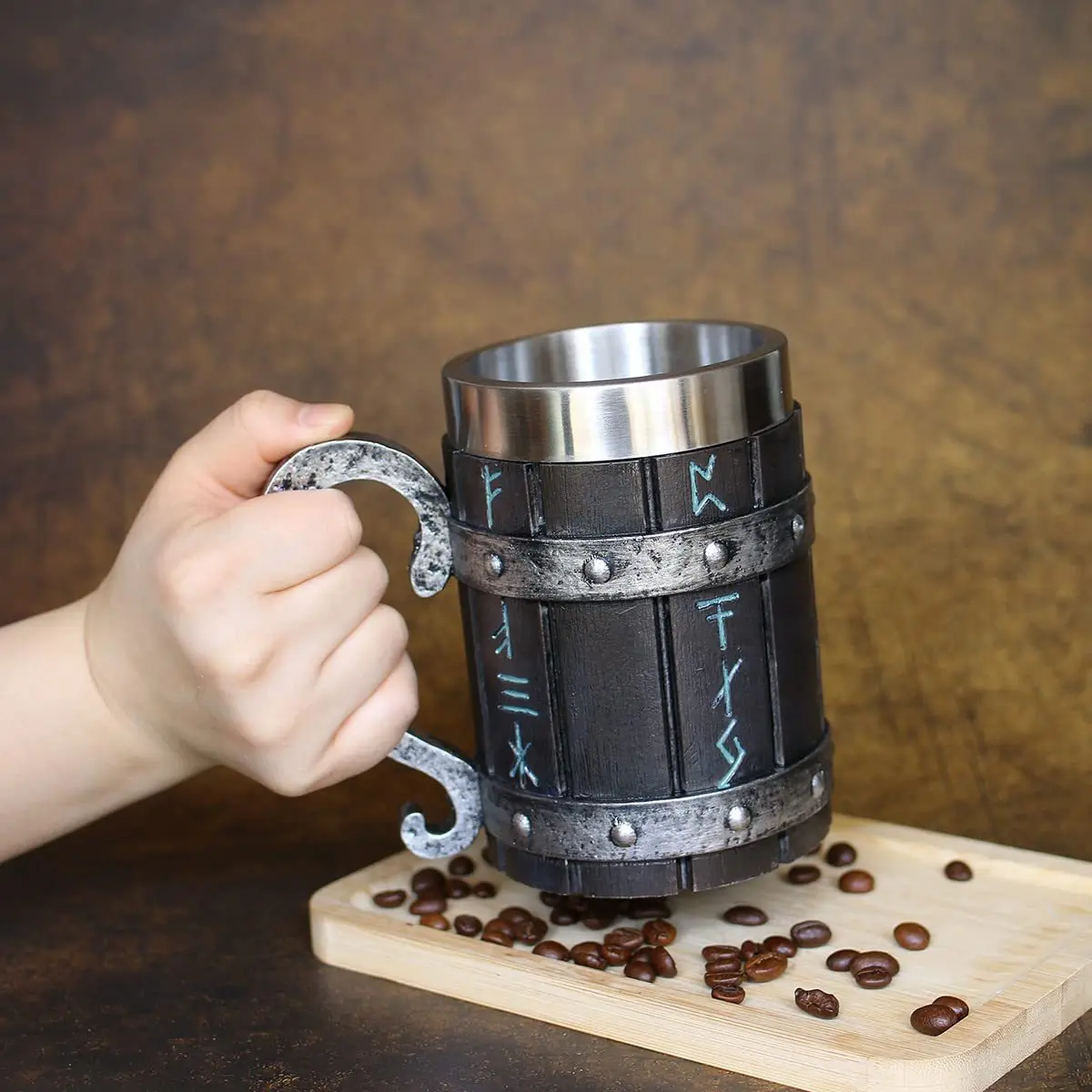 Viking Vintage Eichenfass-Bierkrug mit Edelstahl-Innenfutter, Kaffeetasse, Teebecher, Becher mit großem Fassungsvermögen, Pub-Bar-Party-Geschenk_voghion.com