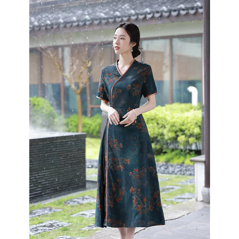 

Summer Improve V-Neck Qipao Short Sleeves A-Line Printed Satin Cheongsam Retro Women Dress