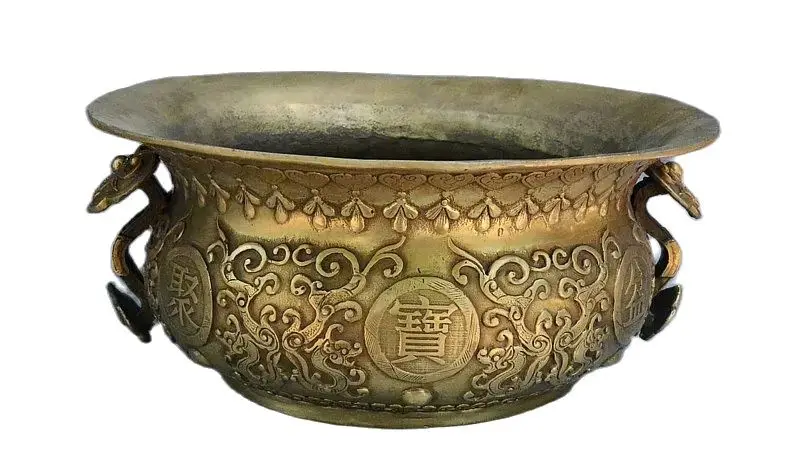 20Cm Marcato In Ottone Cinese Intagliato Drago Volante Ruyi Statua Ciotola Del Tesoro Vaso Vaso Serbatoio