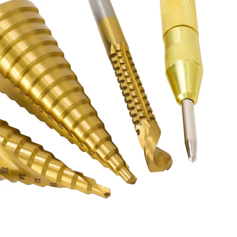 XCAN Step Drill Bit 3pcs 4-12/20/32mm with 1pc Automatic Center Punch Wood Metal Hole Drilling Tool Cutter HSS Drill Bit