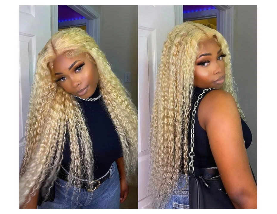 Tiefe Welle 13x4 13x6 Spitze Front Menschliches Haar Perücke Preplucked 613 Blonde Farbe Lockige Perücken Für frauen Brasilianische Transparente Frontal Perücke – Detail 4