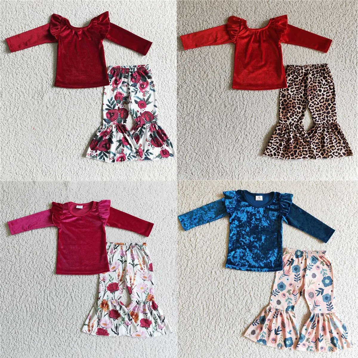 

Wholesale Infants Kids Baby Girl Boutique Autumn Fashion Red Blue Velvet Clothes Pants Outfit Red Long Sleeve Pants Set