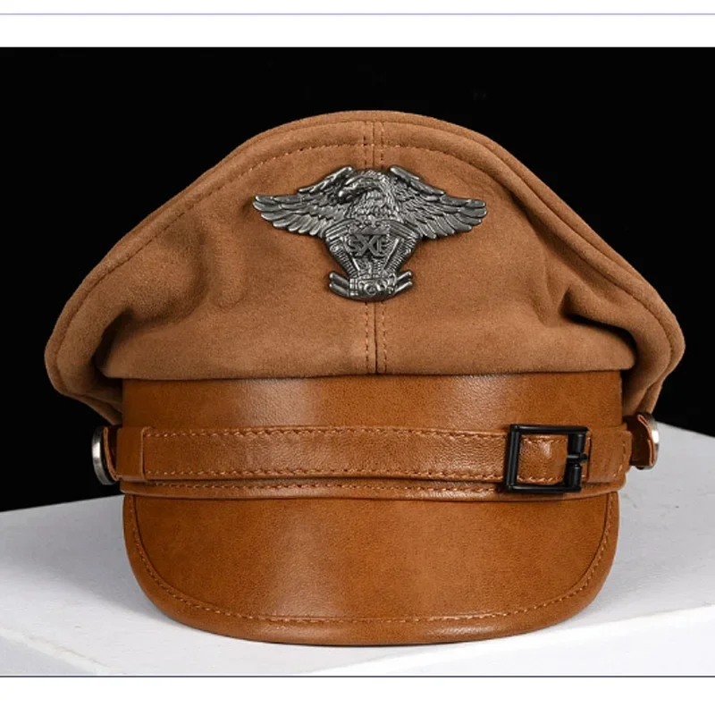 Winter Genuine Leather Hat Men German Officer Warm Cap Locomotive Retro German Military Hat Cortical Casquette