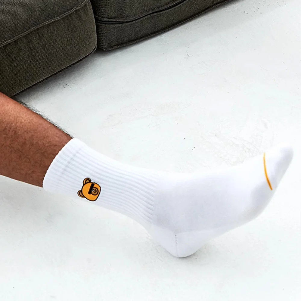 Black White Sports Fitness Embroidered Bear Cotton Socks Towel Sole Breathable Wicking Cotton Socks