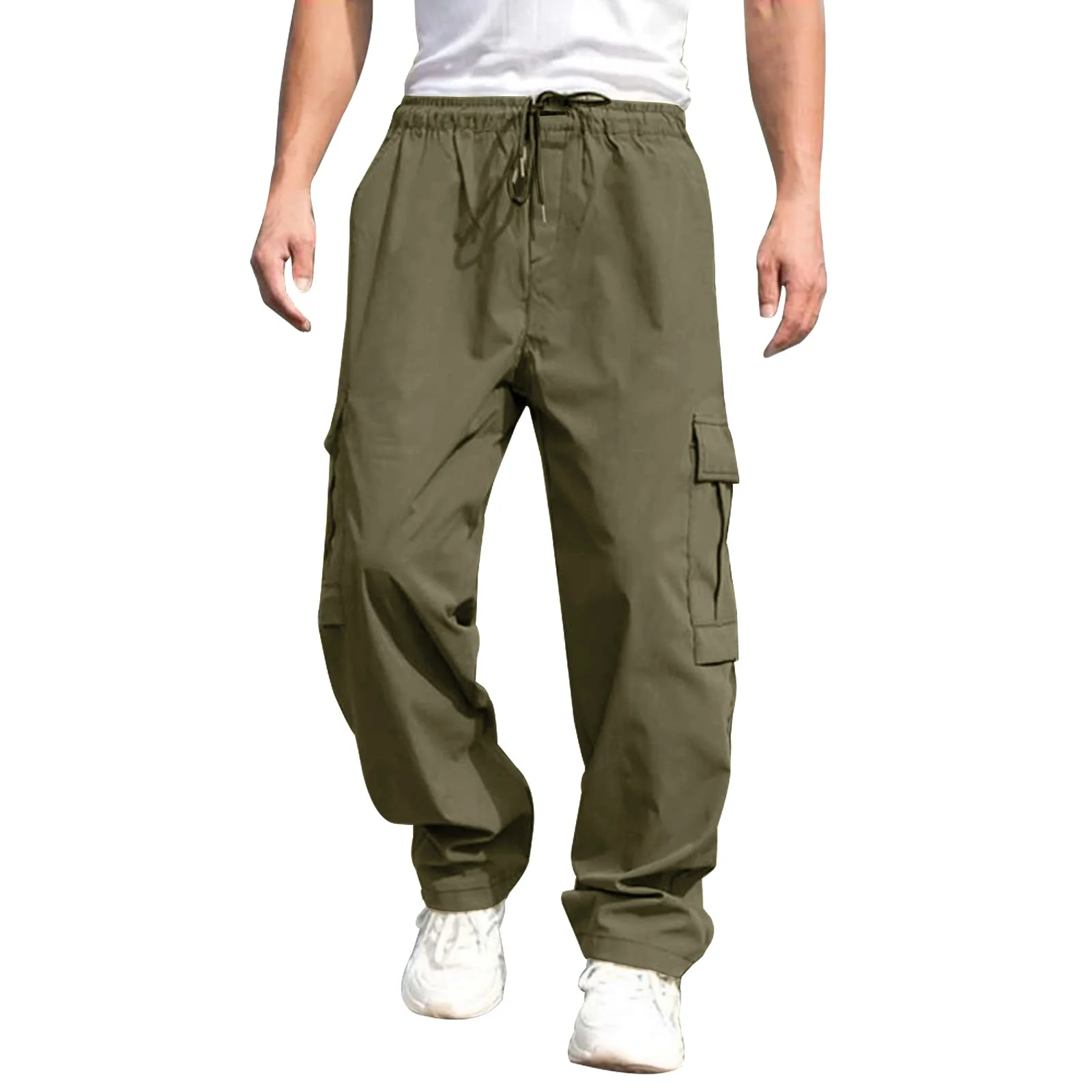 Men Summer Cargo Pants Elastic Waist Zip Pocket