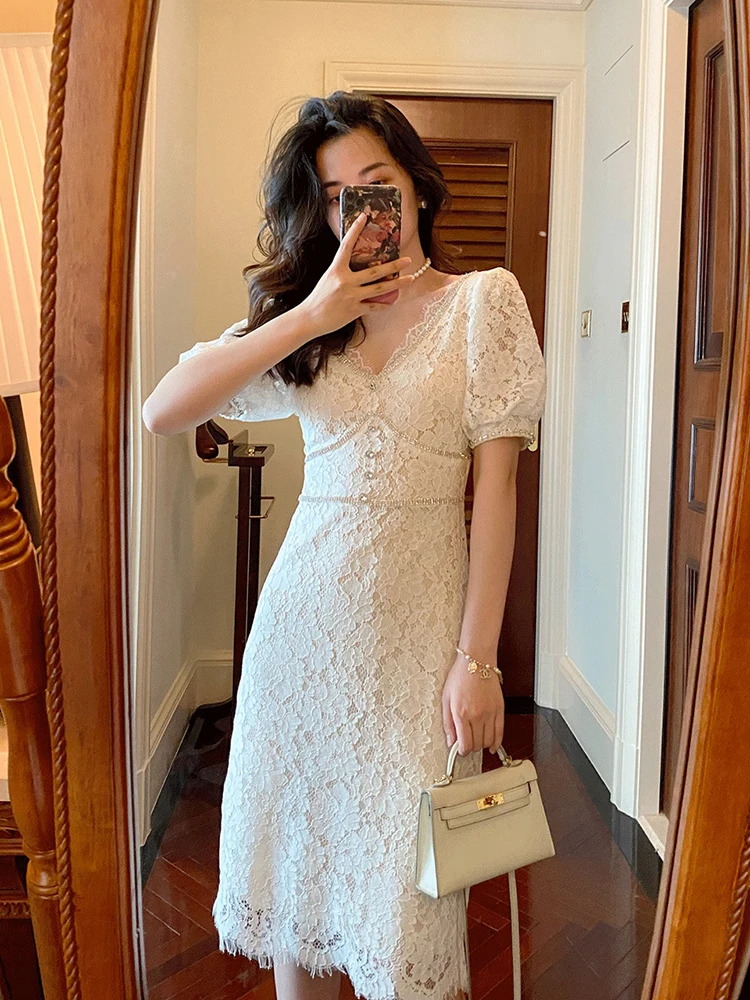 

Stylish White Lace Long Dress Women Summer Short Sleeve Hollow Out Dress Party Dresses Vestidos