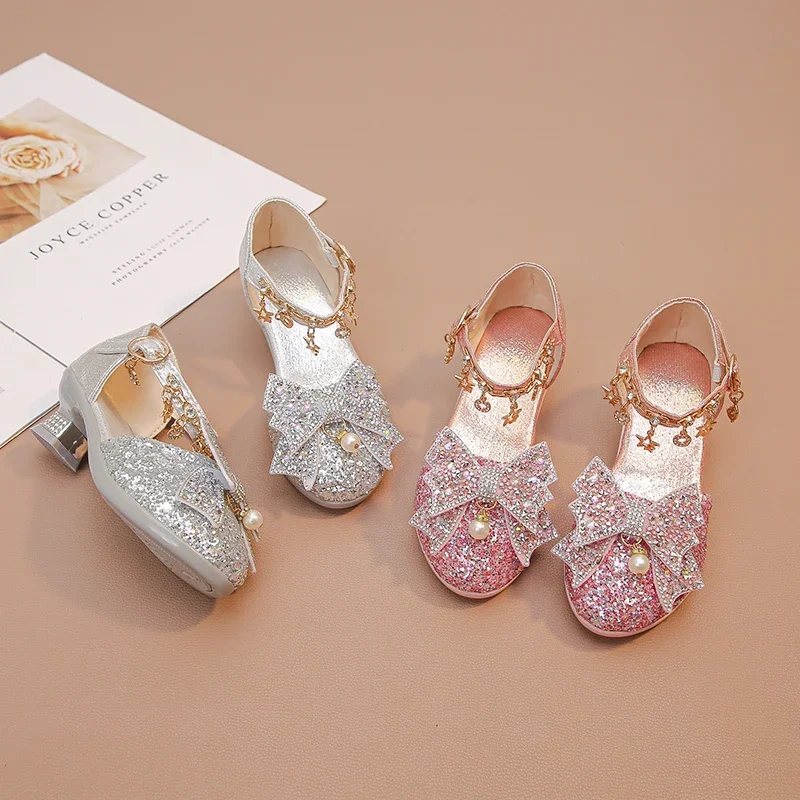 Girls High Heeled Leather Shoes High Heels for Wedding Party Glitter Rhinestone with Bow-knot Kids Dress Pendant Bling Sparkling - 4