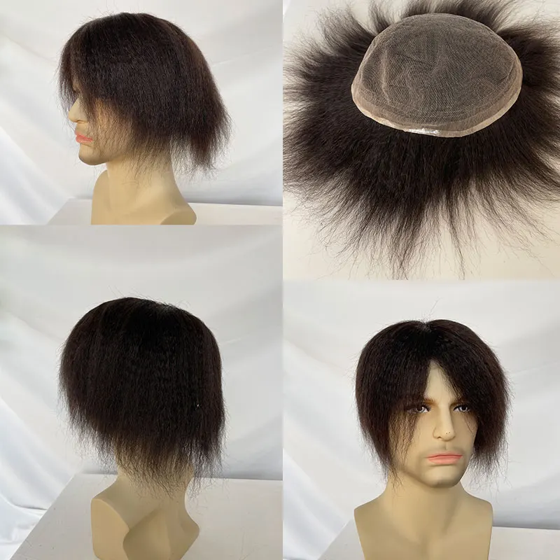 Full French Lace Mens Toupee Kinky Straight 100% Human Hair Men\'s Hairpieces For Men Natural Hairline Mens Lace Hair Wigs 10X8