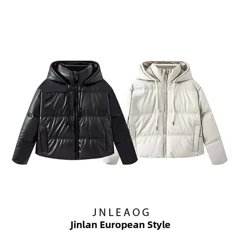 JNLEAOG Spring New Women's Faion Design Simulation Leather down Cotton Jaet Straight Cut Long Sve Zipper Closure Coat