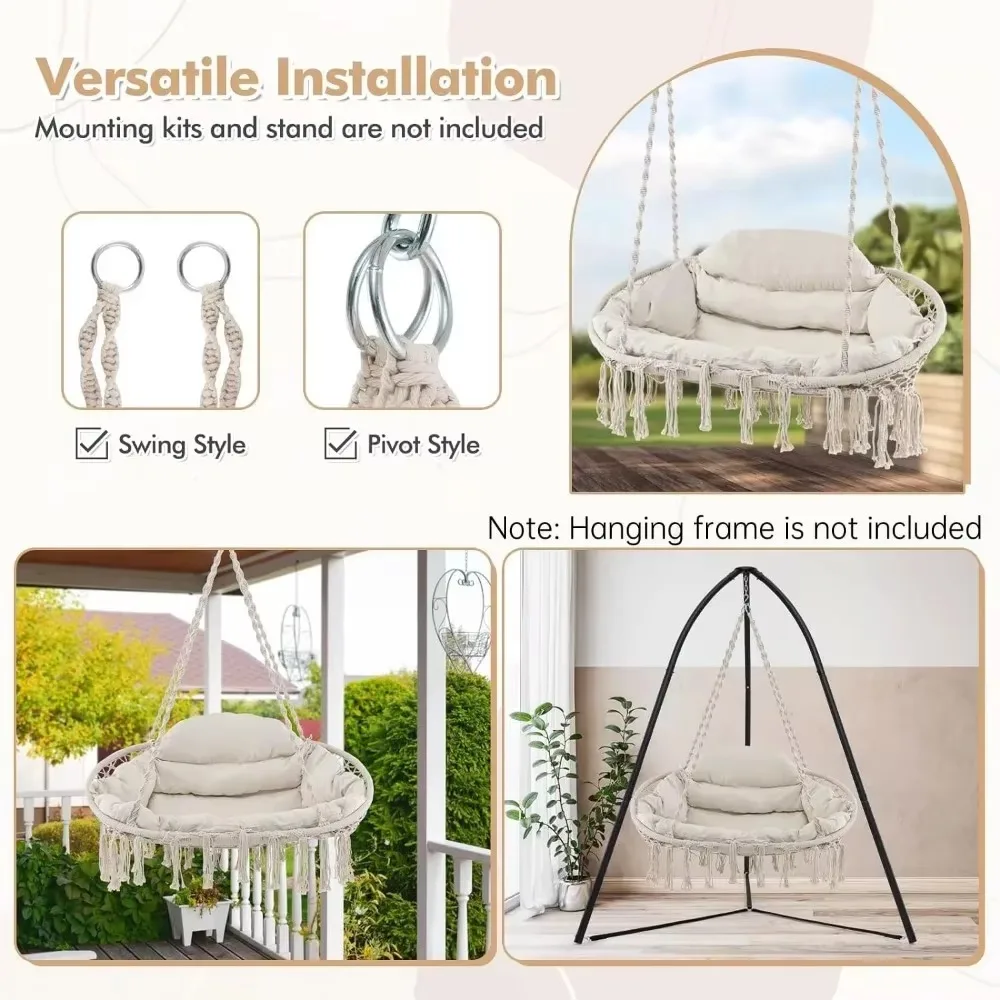 2-Person Hanging Hammock Chair, Boho Style Macrame Hammock Swing with Soft Cushions,  Indoor Outdoor Cotton Rope. 5