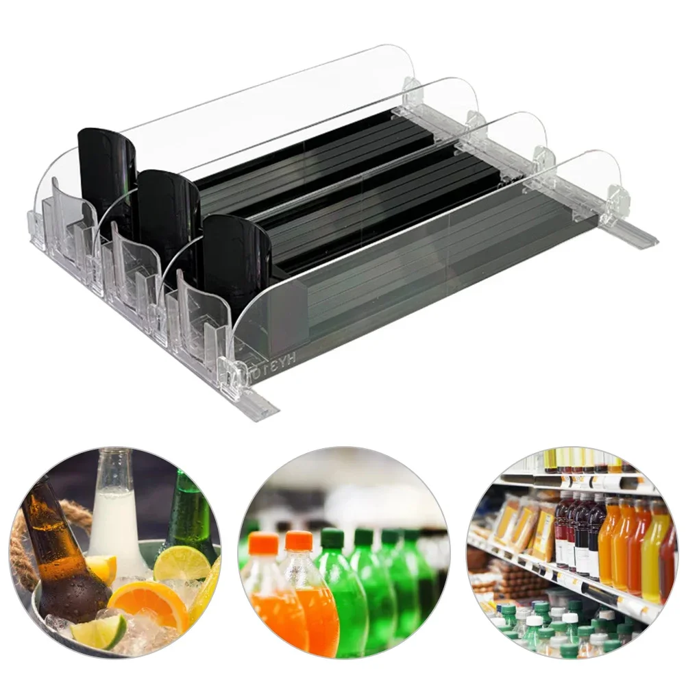 

Canned Beverage Push Rack Drink Organizer Dispenser Spring Push Adjustable Width Storage Shelf E-shaped Glide for Kitchen Fridge