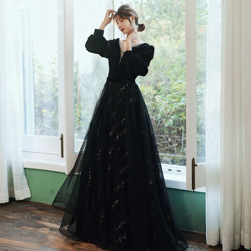 

DongCMY Luxury Velvet Banquet Evening Dress 2024 Summer Autumn Black Long-sleeved Temperament Texture Annual Party Prom Dress