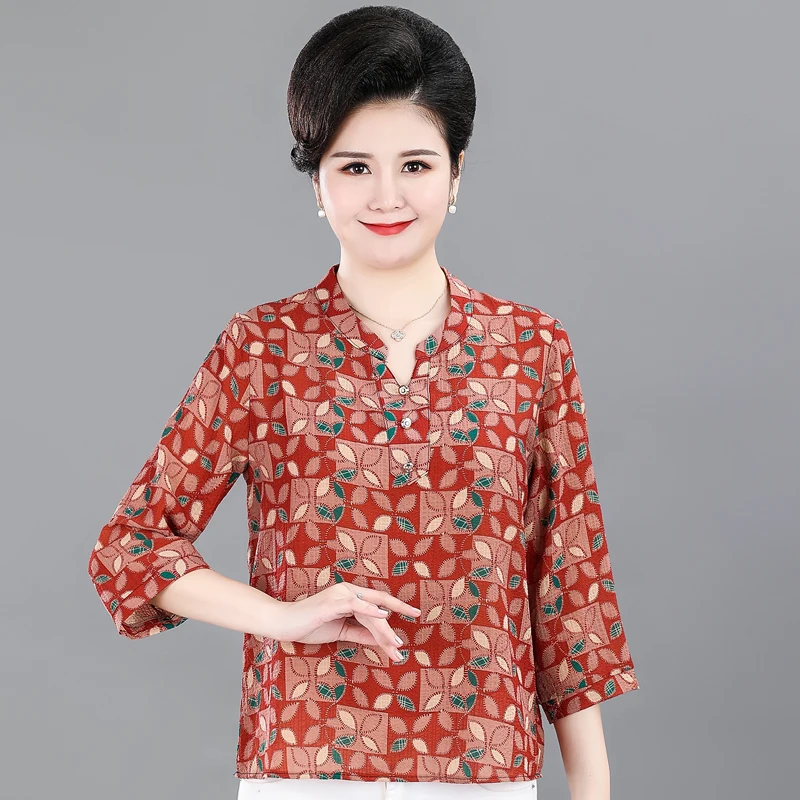 

Элегантные женские блузки, Новинка лета 2023, свободная рубашка с V-образным вырезом для женщин среднего возраста, летняя одежда, повседневный винтажный топ с цветочным принтом