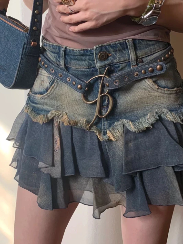 

Skirt Denim Blue Washed Cotton Ruffled Distressed Short High Waist Elegant Women's Summer New A- line Fashion Commuter Style 1Pc