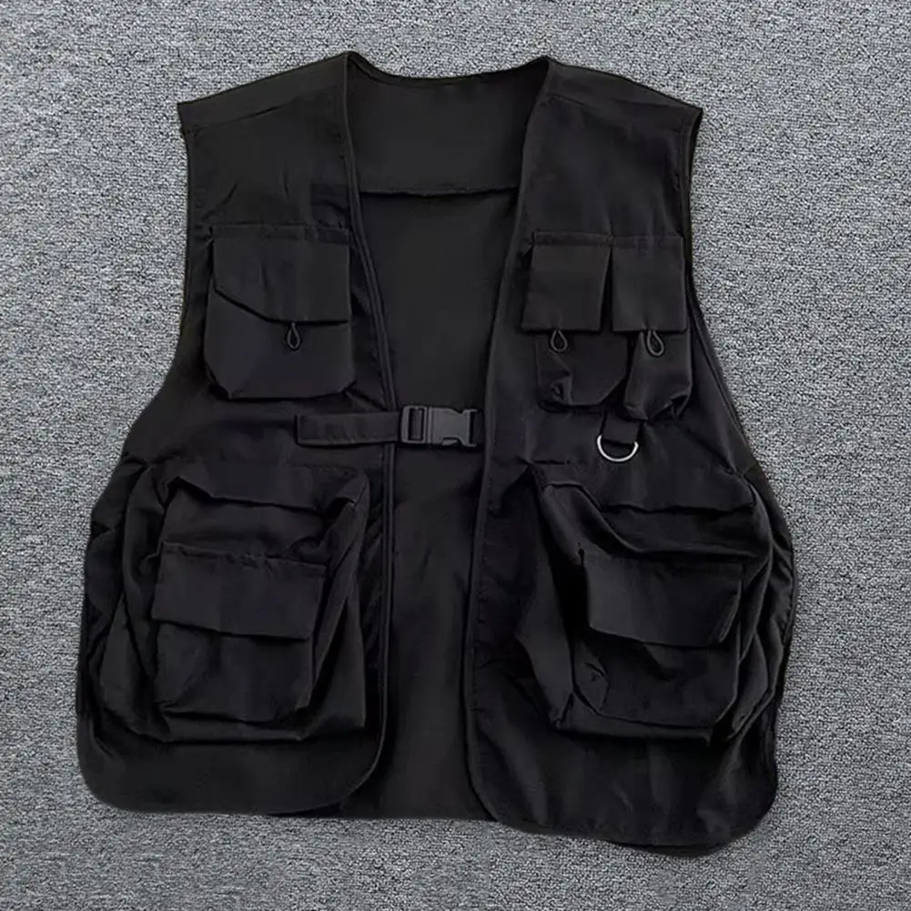 

Men Warm Vest Coat Streetwear Cargo Vests Unisex Hop Style with Multi Pockets Buckle Closure for Men Women Multi-pocket Vest