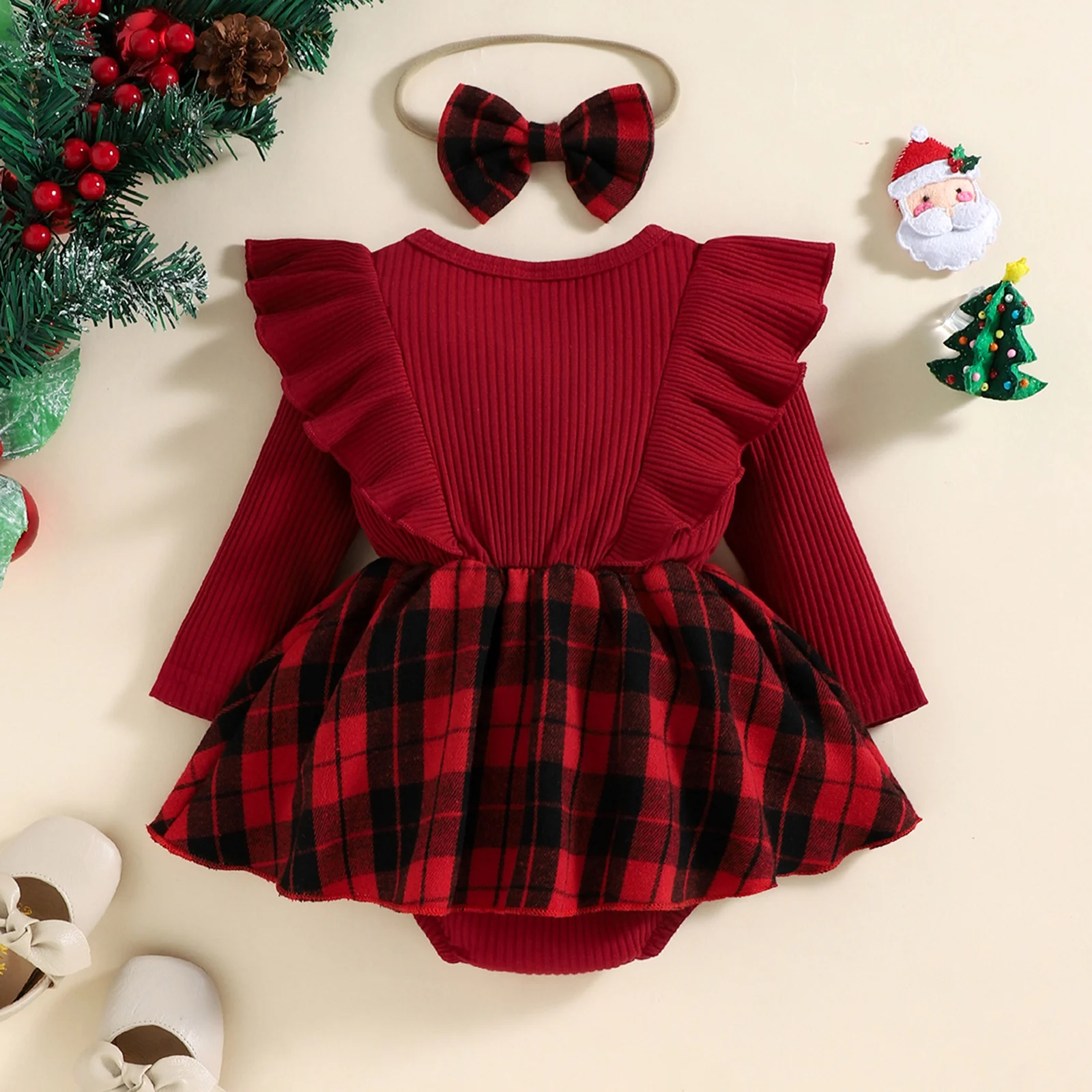 Ma&Baby 0-24M Christmas Girl Romper Infant Baby Knit Ruffle Long Sleeve Bow Jumpsuit