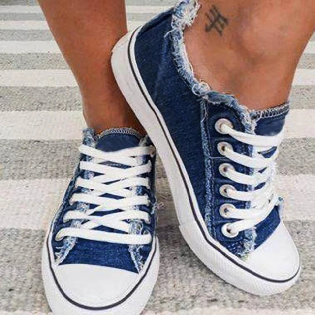 and Autumn Single Shoes Korean Denim Canvas Shoes Low Top Lace Casual Large Women's Shoes Flat Soled Student Shoes