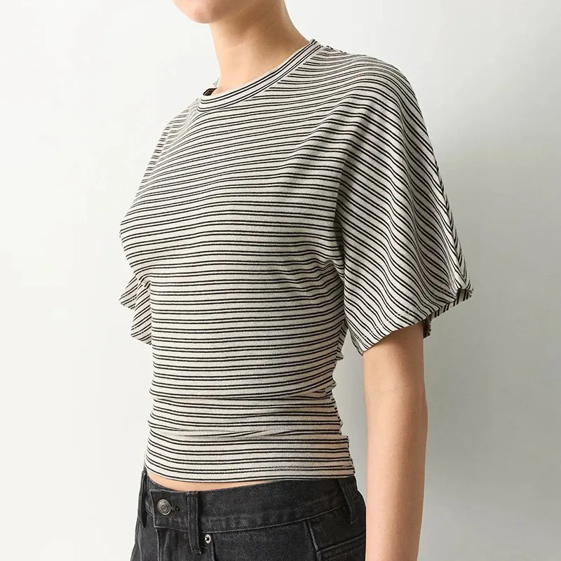 Fashion New Summer Women's Short Sleeve Striped T-shirt Elegant Round Neck Slim-fitting Waist Pullover Casual Top Short Blouse