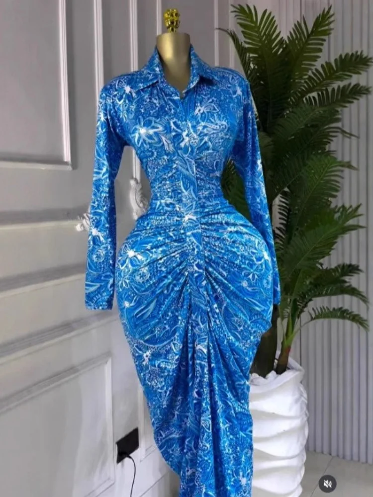 Wmstar Dress Women Wholesale Long Sleeved Lapel Printed Pleated Slimming and Waist Cinching Dresses Drop Shopping New Style