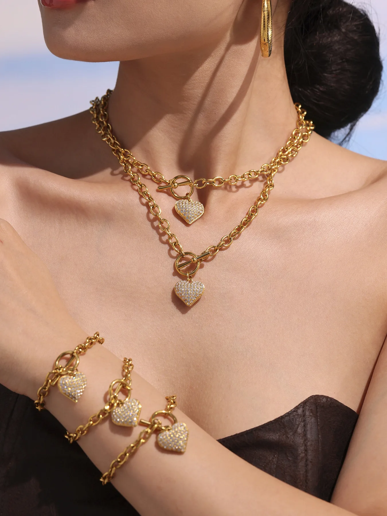 S17f3cb69f76e4f91825cc944bcb20066L 316 Stainless Steel Zircon Heart Pendant Necklace Women Luxury 18K Gold-Plated Chunky Chain Bracelet Waterproof Jewelry Set Mallzona