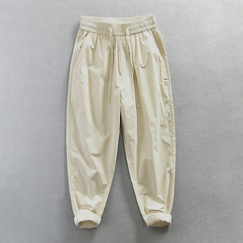 

Casual Cargo Pants For Men Sold Color Pure Cotton Simple Loose Fitting Pants Elastic Waist Streetwear Male Trousers