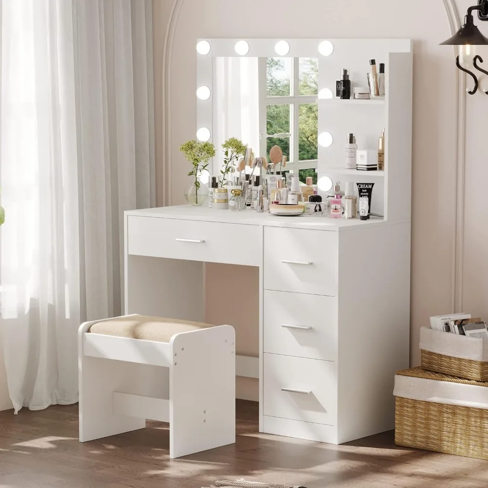 Illuminated Makeup Vanity Table with Storage and Mirror, 4-Drawer Bedroom Dressing Table with 10 LED Lights