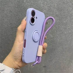 Luxury Solid Liquid Silicone Phone Case with Lanyard and Ring Holder - Matte Frosted Finish - iPhone 12 (Purple)