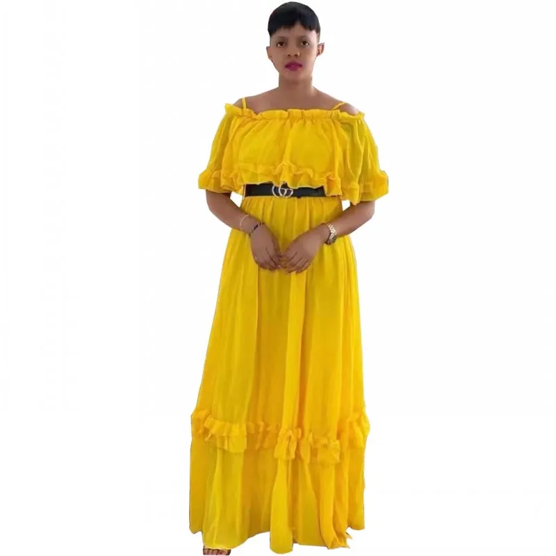 African Chiffon Dress Women Ruched Slash Neck High Waist Robe Summer New Ruffle Patchwork Streetwear African Maxi Dress Vestidos african wear for ladies Africa Clothing