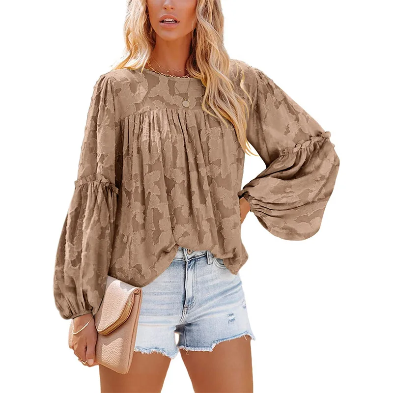 

Astylish Women Flower Texture Lantern Sleeve Shirt Casual Blouse Top