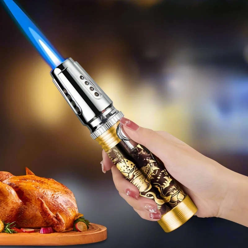 New Windproof Flame Torch Gas Lighter, Powerful Flamethrower, Metal Kitchen Baking Blowtorch, For Home, Welding, Camping (No Gas