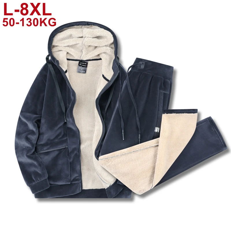 Winter Tracksuit Men Thick Warm Lamb Woolen Fleece Plus Size Hooded 2 Piece Set Jacket+pants Sportswear Casual Sweat Suits 8xl