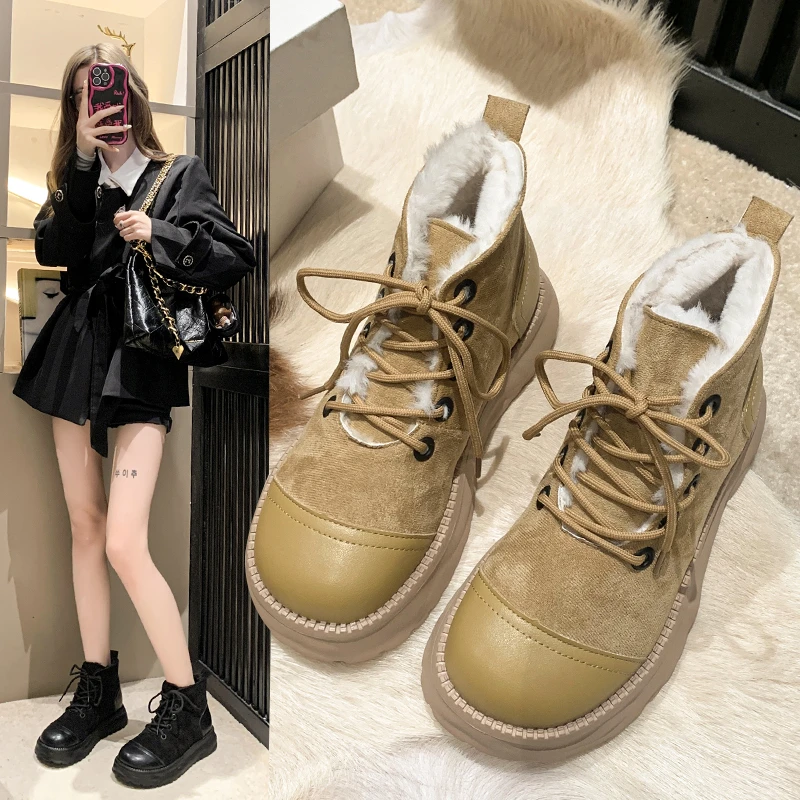 

Women Boots Modern Winter Warm Cotton Gladiator Lace-up Flat-heel Non-slip Short Plush Flats Suede Snow Shoes Bottine Low-heel