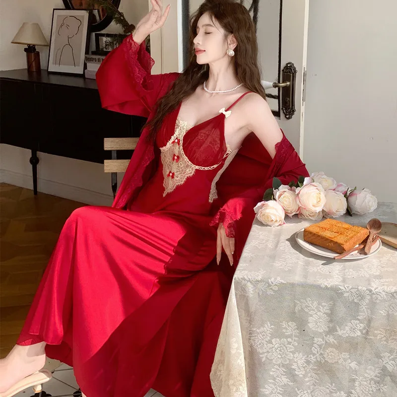 

Women's Sexy Lace Robe Set Long Sleeve Summer Ladies Nigthgown Satin Slip Nightdress Silk Like Dressing Gown for Female 2 Pcs