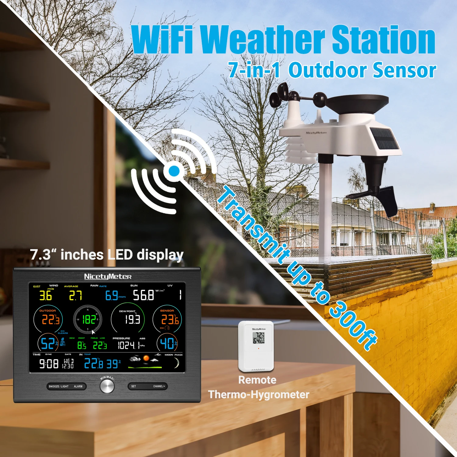 Station météo extérieure WiFi avec capteur, pluviomètre, prévisions météo, nuage de intempéries, base météo, température, humidité, 8 canaux, 0370