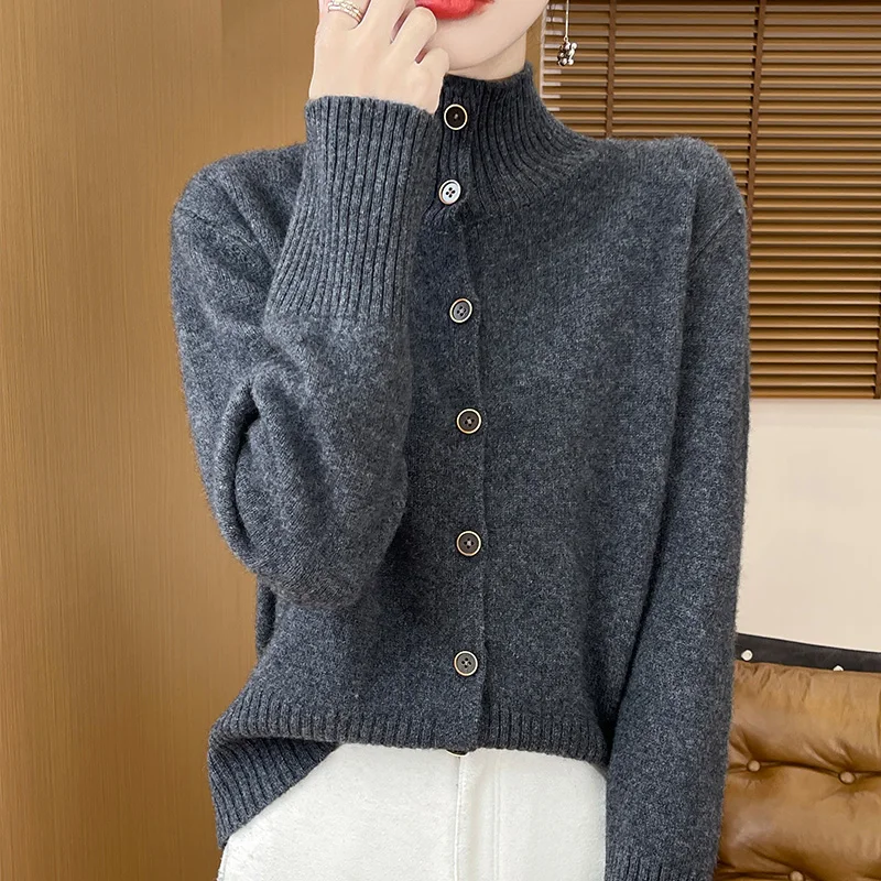 Women's Clothing Hot Sales 100% Merino Wool Women's Cardigan 2024 Autunmn/Winter New Stand Collar Cashmere Knit Sweater Jacket 5