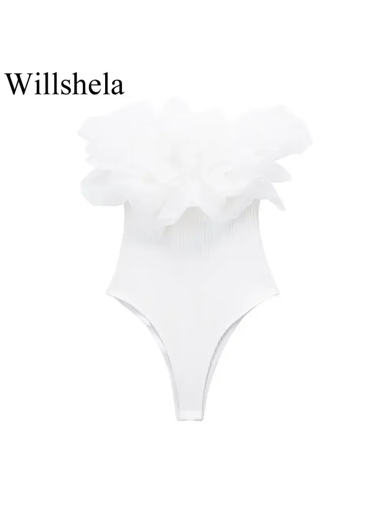 Willshela 여성 패션 골지 바디 수트, 오간자 러플 포함, 빈티지 고탄성 섹시 y2k 여성 시크 레이디 상의, 바디 팜므