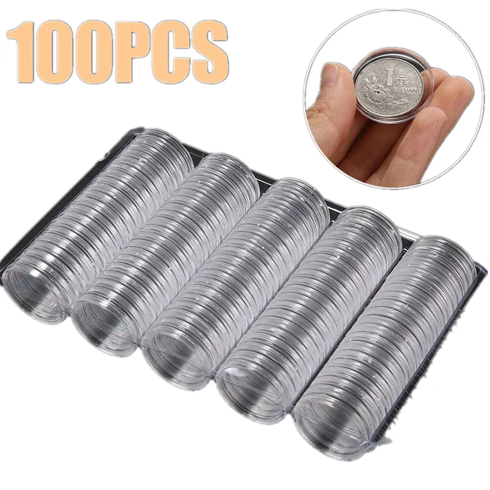 

100Pcs/Set Coin Storage Container Box 27mm Display Capsules Holder Round Ring Applied Clear Plastic Cases Collection Gifts