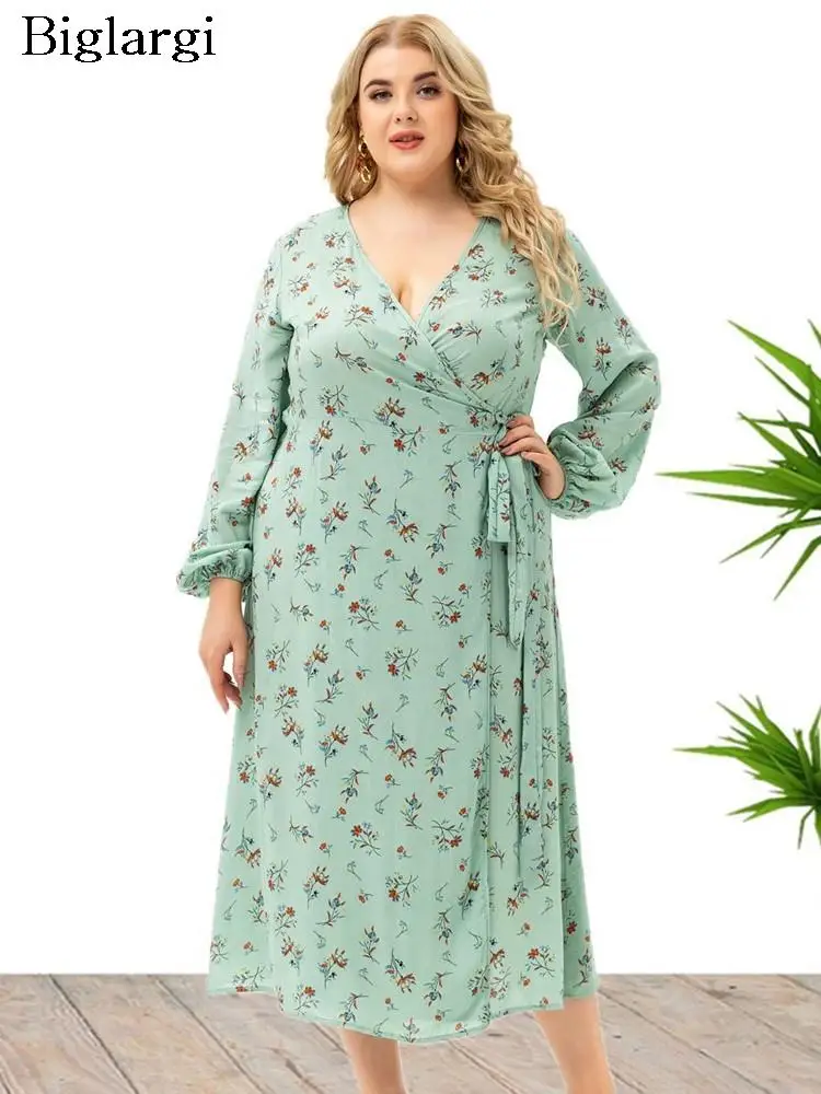 

Plus Size Floral Autumn Midi Dress Women Flower Print Long Sleeve Ladies Dresses Fashion Casual Loose Woman Dress 2023