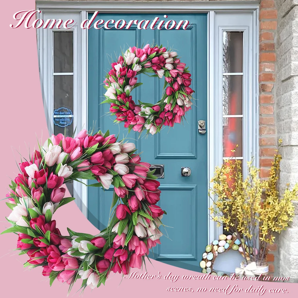 15.7inch Tulip Wreath Artificial Flower Wreath with Tulips Mothers Day Valentine's Wreaths for Wall Window Party Wedding Decor