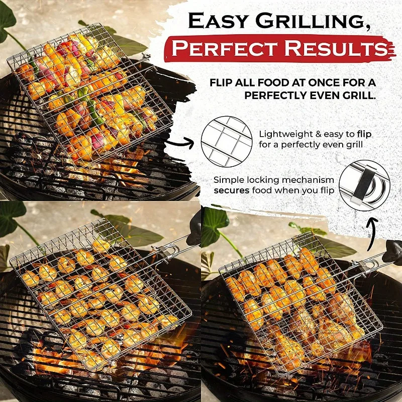 Description Picture 3 of itemBarbecue Grilling Reusable Meat Fish Clip Holder Wooden Handle Metal Grill Mesh Foldable BBQ Grill Mat Grilling Basket