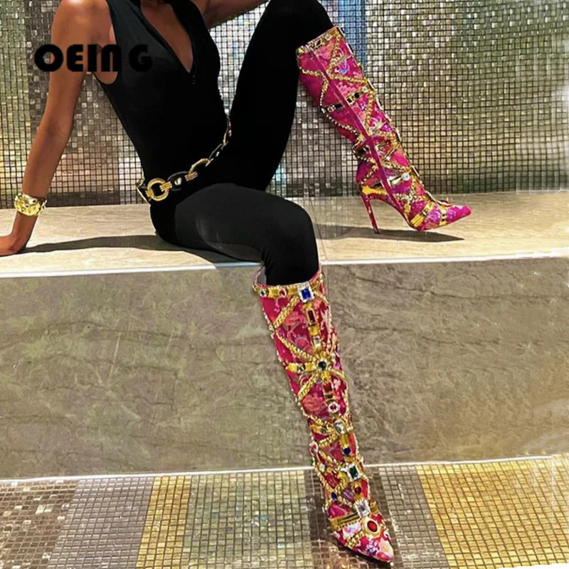 

Women Rhinestone Embellished Satin Boot Sexy Pointed Toe Stilettos Mid-calf Boot Bling Jeweled Party Dress Shoes Botas De Mujer