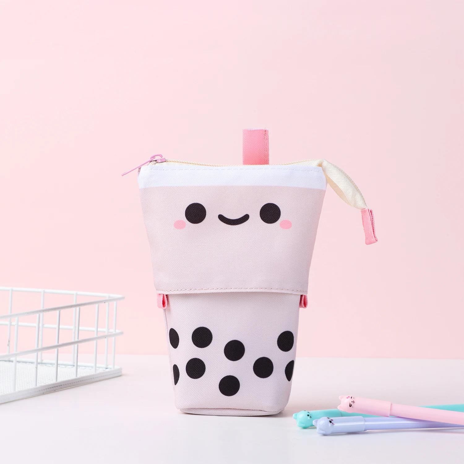 Cute Kawaii Boba Milk Tea Telescopic Pen Bag Pen Pencil Holder Stationery Case Stand Up Pencil Case Pen Box Stationery Pouch