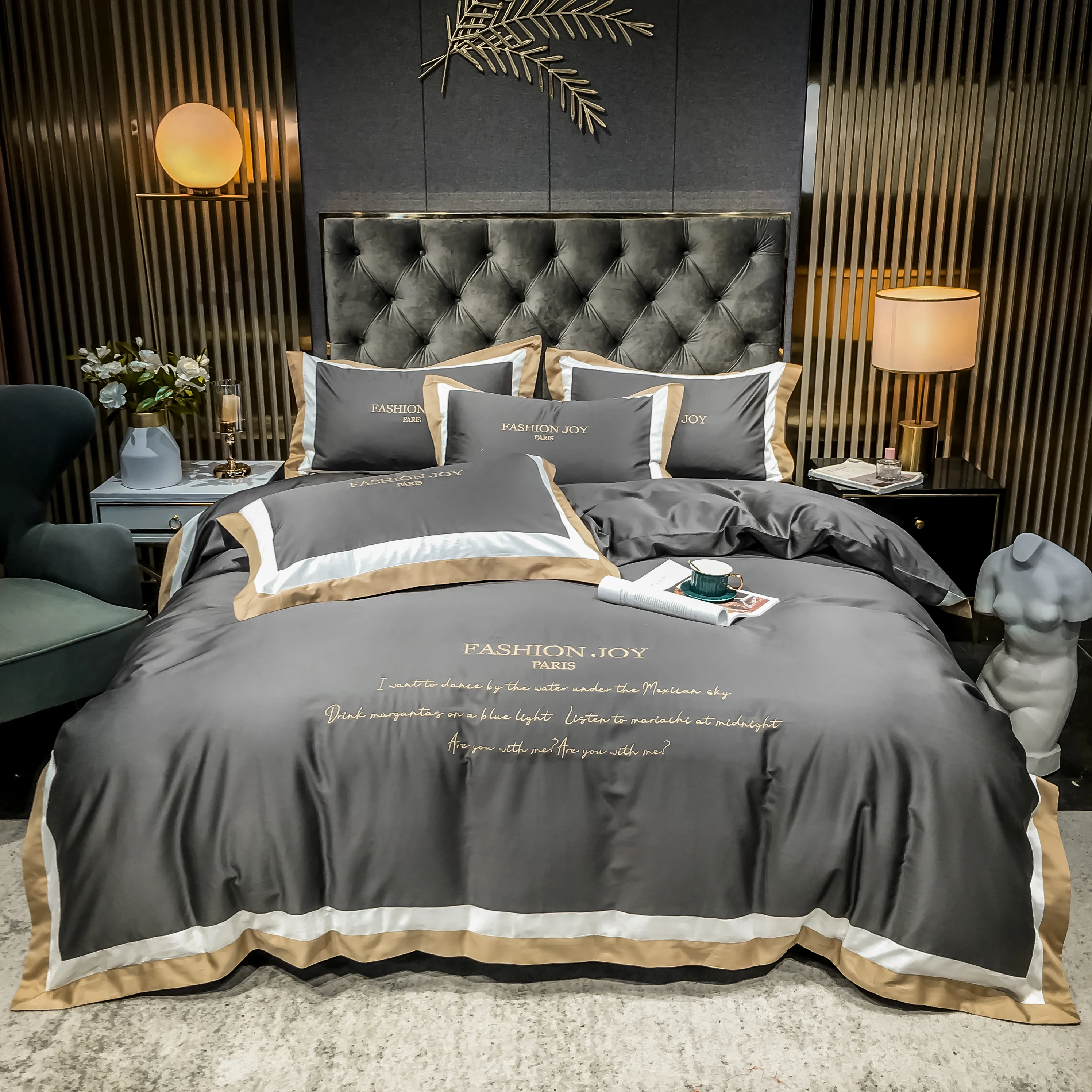 

2022 New 60 long-staple Cotton Stitching Embroidery Plain Four-piece Bed Sheet Cotton Hot-selling Light Luxury Bedding Dark Gray