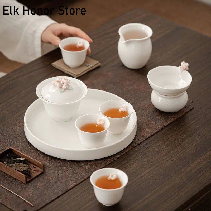 

Hand Holding Pink Flower Bud Ceramic Tea Pot Handmade Suet Jade White Porcelain Tea Cup Tea Maker Cover Bowl Kung Fu Teaset Gift