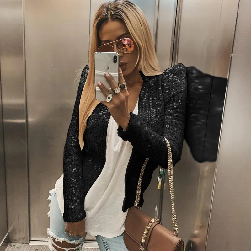 Sexy Sequin Blazer Women Solid Color Stand-Collar Casual Office Blazer Club Party Fashion Streetwear Buttonless Bussiness Blazer