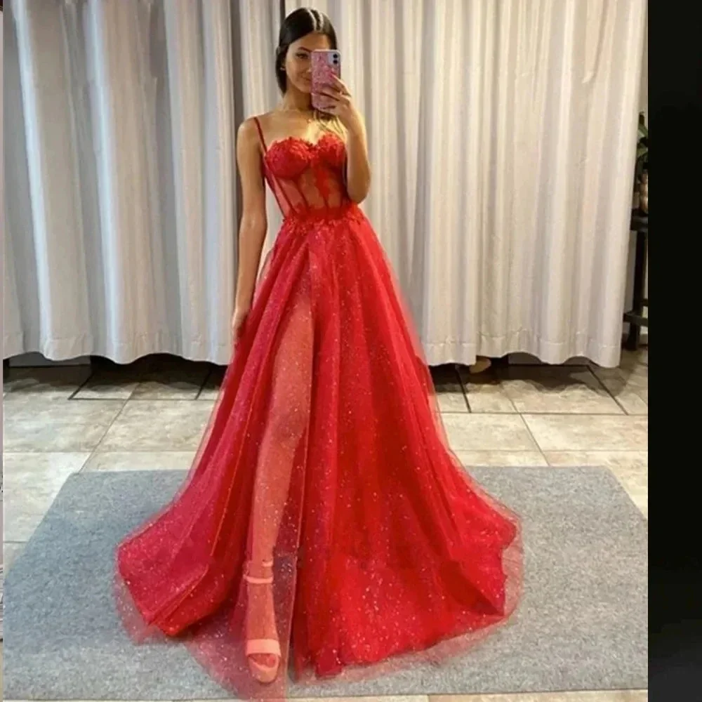 Glitter Tulle Prom Dress Long Ball Gown Spaghetti Straps Lace Appliqued 3D Flower Slit Bridesmaid Dresses Sexy Cocktail party